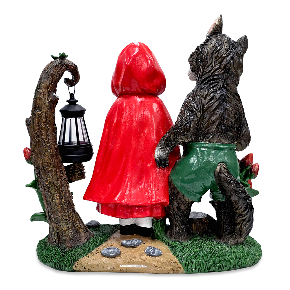 Solar Powered Little Red Riding Hood Garden Statue, 12" Lighted Fairy Tale Figurine Outdoor Decor