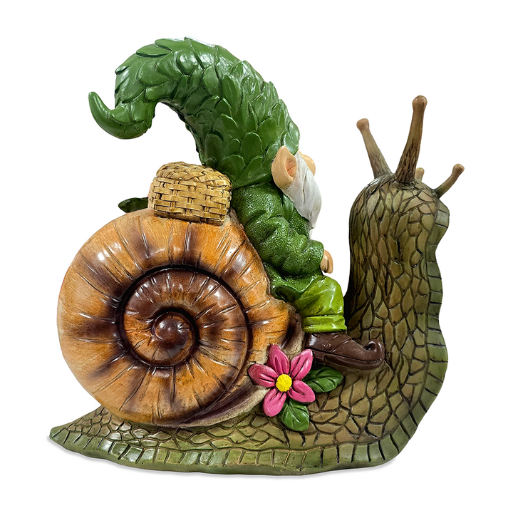 The Snailbound Gnome Cute Verdant Garden Statue, 10" Outdoor Yard or Forest Snail Decoration