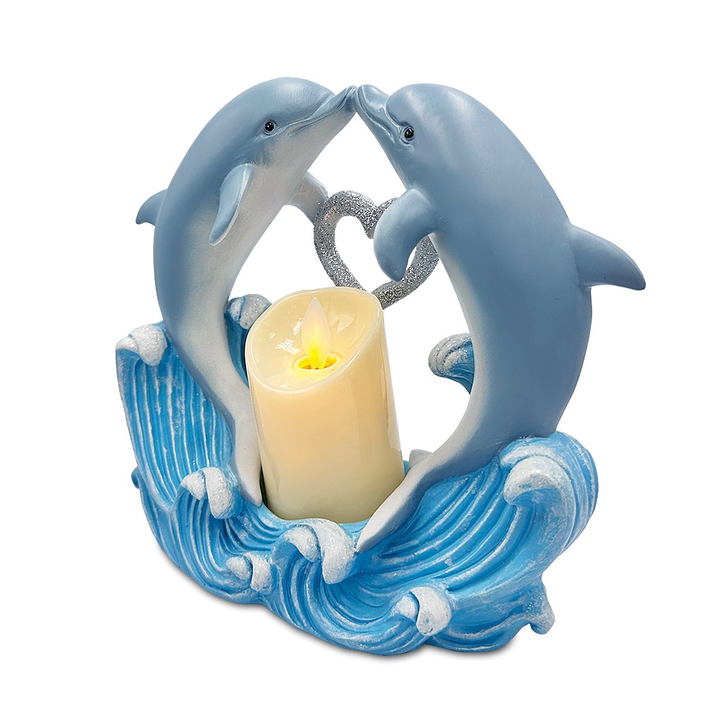 Tides of Affection Dolphin Figurine and Tealight Candle, 7" Romantic Tabletop Valentine or Anniversary Gift Resin Statues OrnamentallyYou 