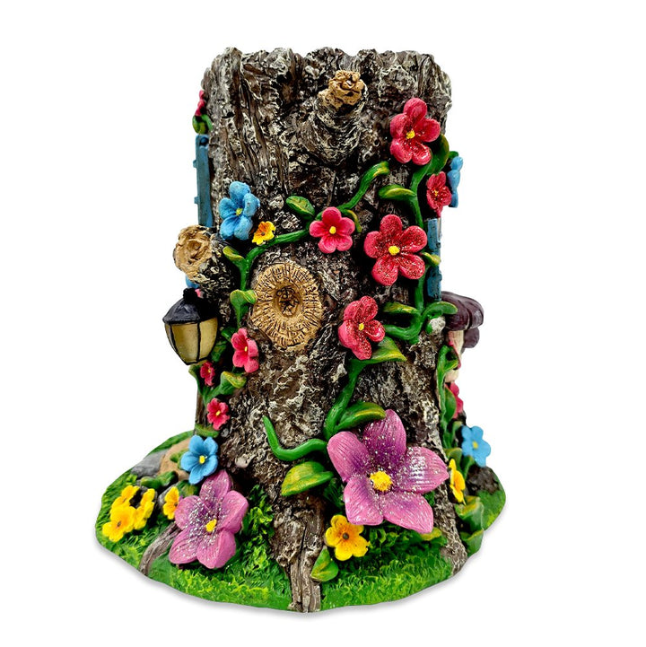 Tree Trunk Fairy Solar House Garden Statue, 8" Lighted Woodland Cottage Figurine Outdoor Decor Resin Statues OrnamentallyYou 