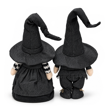 Witch and Warlock Plush Gnome Set of 2, Elegant Gothic 18" Halloween Home Decoration
