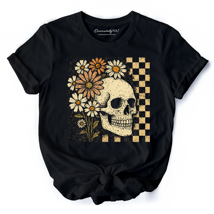 Checkered Floral Skeleton T-Shirt, Vintage Skull Daisy Halloween Tee