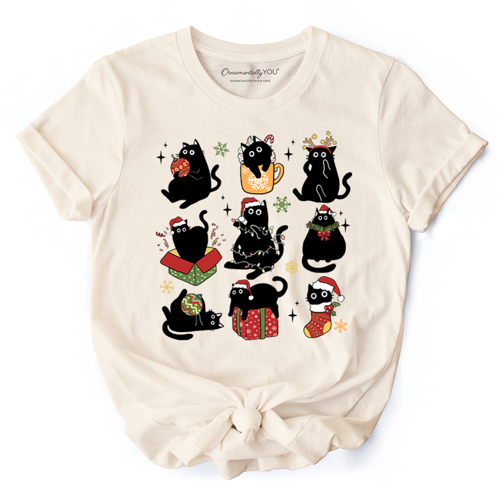 Christmas Black Cats T‑Shirt, Whimsical Cats with Santa Hat Tee