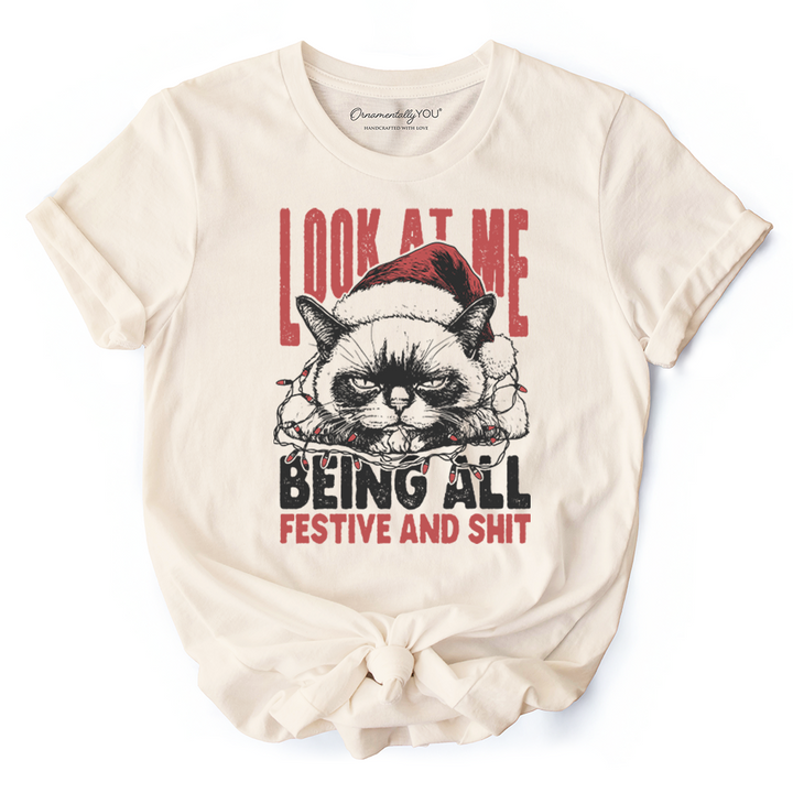 Grumpy Christmas Cat T‑Shirt, Funny Santa Hat Holiday Lights Tee for Sarcastic Festive People