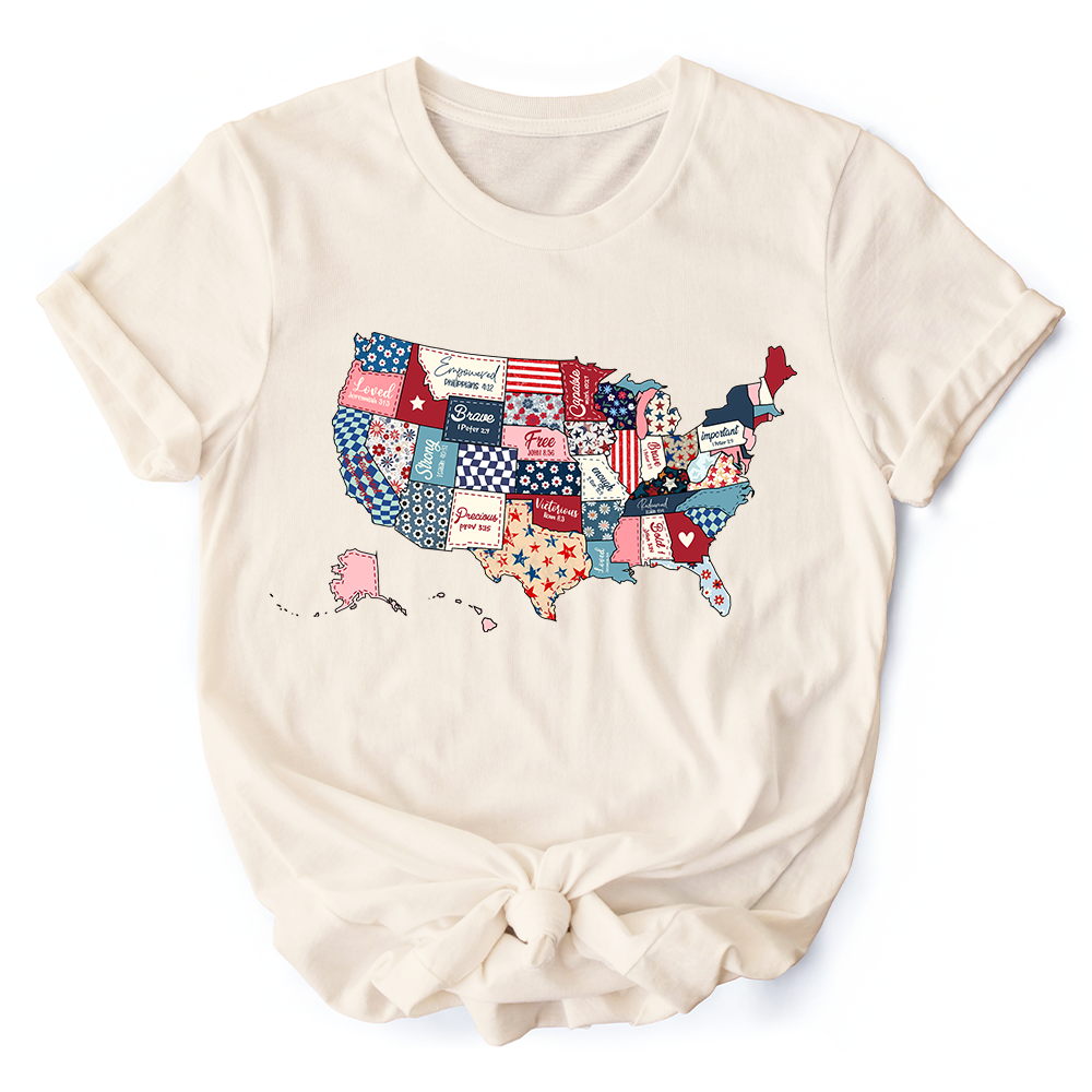 Patriotic Patchwork USA T-Shirt, Quilted Map Tee for Americana Fans