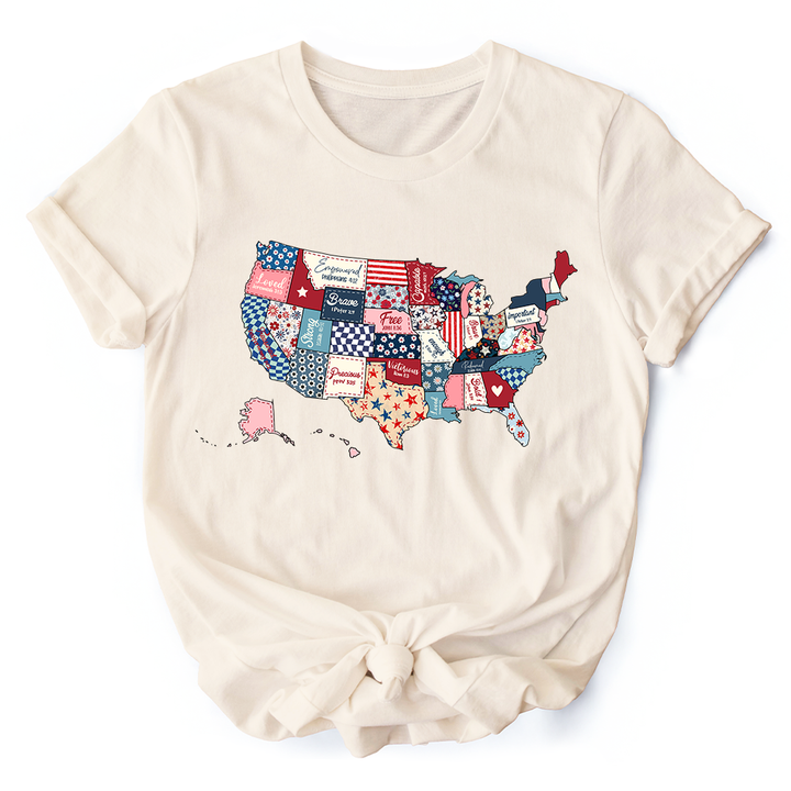 Patriotic Patchwork USA T-Shirt, Quilted Map Tee for Americana Fans
