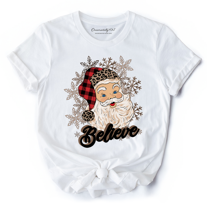 Believe Santa Buffalo Plaid T‑Shirt, Retro Christmas Tee