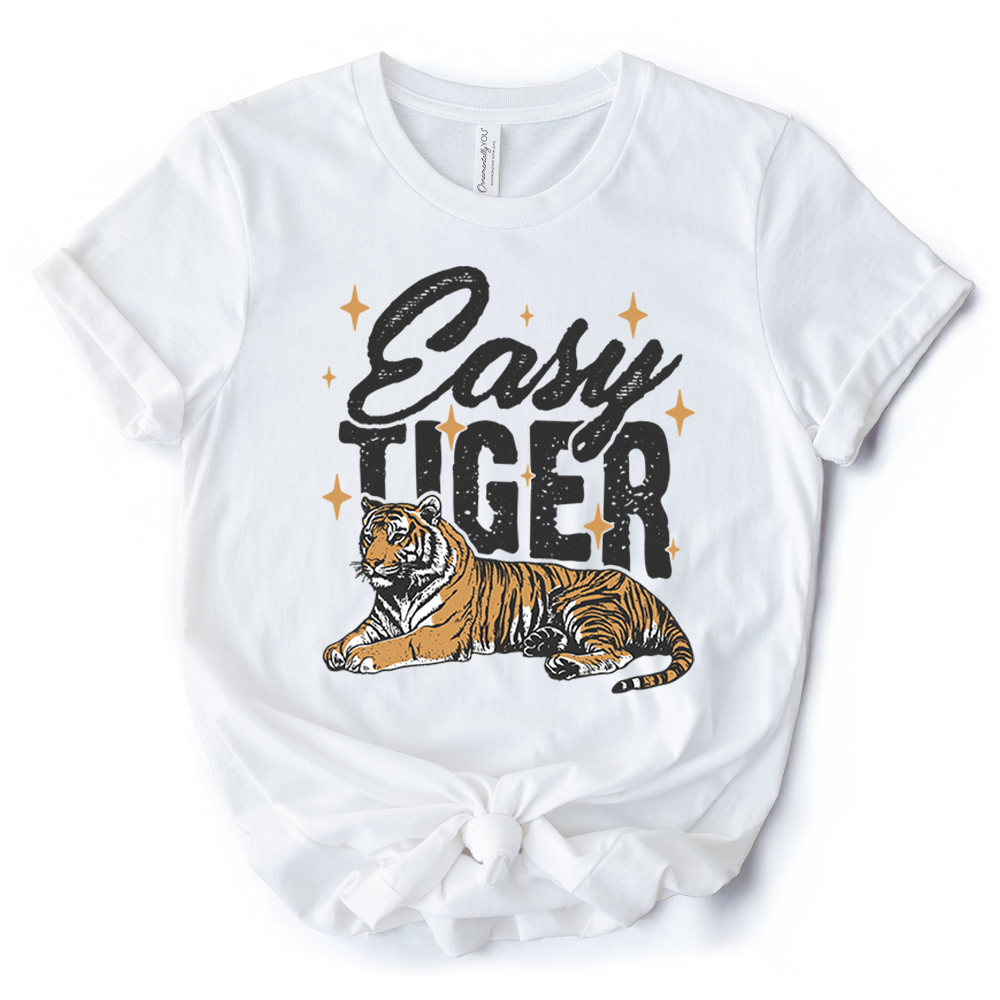 Easy Tiger Retro Grunge T-Shirt, Vintage White and Natural Tee With Wild Animal