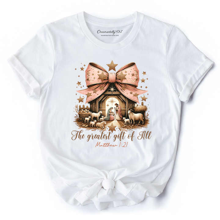 Holy Night Nativity Scene Jesus T-Shirt, The Greatest Gift of All Matthew 1:21 Christian Christmas Tee