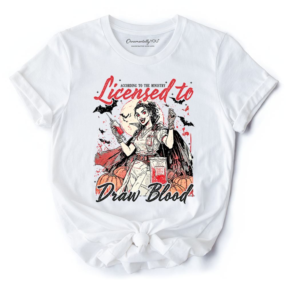 Licensed to Draw Blood Halloween Nurse T-Shirt, Groovy Tee for Spooky Season
