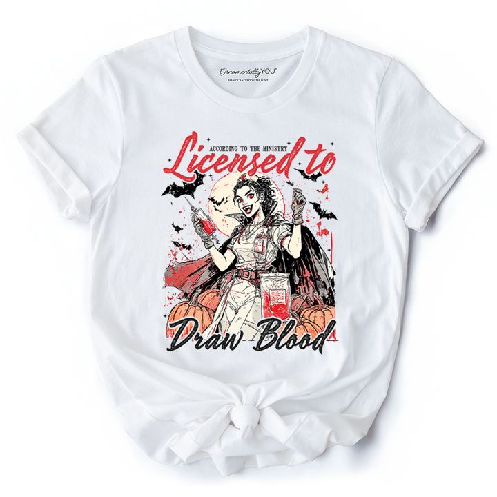 Licensed to Draw Blood Halloween Nurse T-Shirt, Groovy Tee for Spooky Season