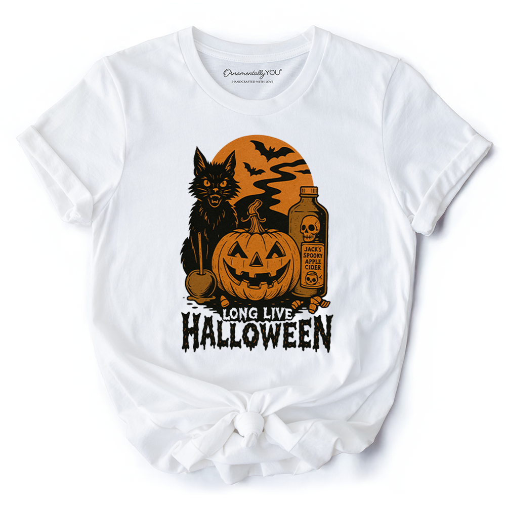 Long Live Halloween T-Shirt, Retro Black Cat Pumpkin Tee for Horror Fans