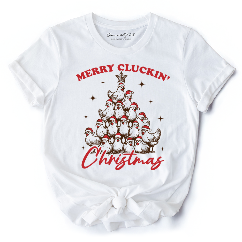 Merry Cluckin' Christmas Tree T‑Shirt, Funny Santa Hat Chicken Farmhouse Tee