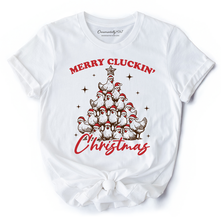 Merry Cluckin' Christmas Tree T‑Shirt, Funny Santa Hat Chicken Farmhouse Tee