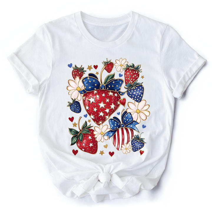 Patriotic Boho Strawberries Bouquet T-Shirt, 4th of July Festive Patch Tee