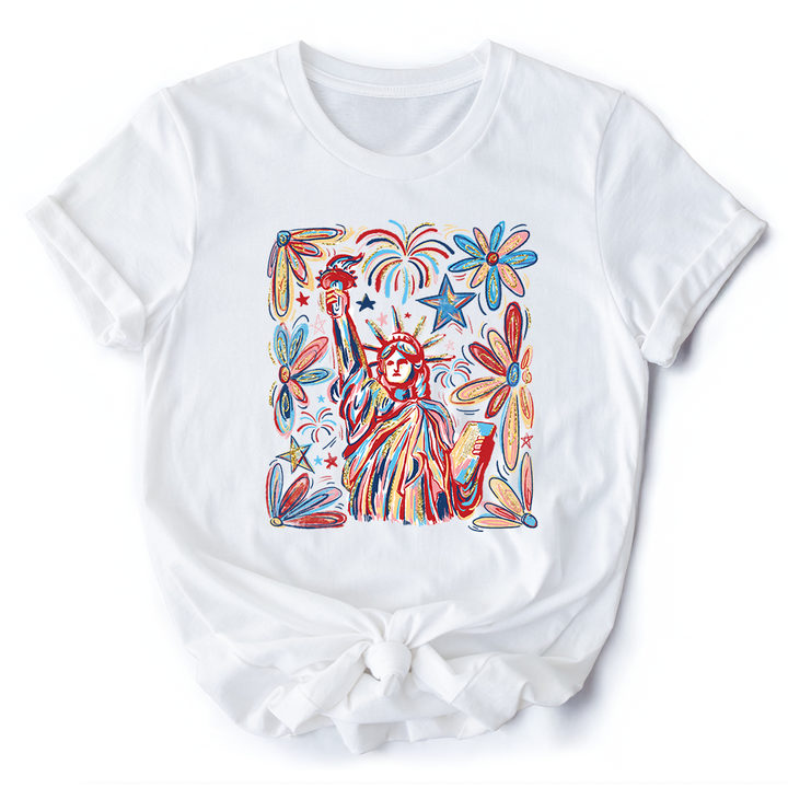 Patriotic Statue of Liberty and Fireworks T-Shirt, Festive 4th of July Tee