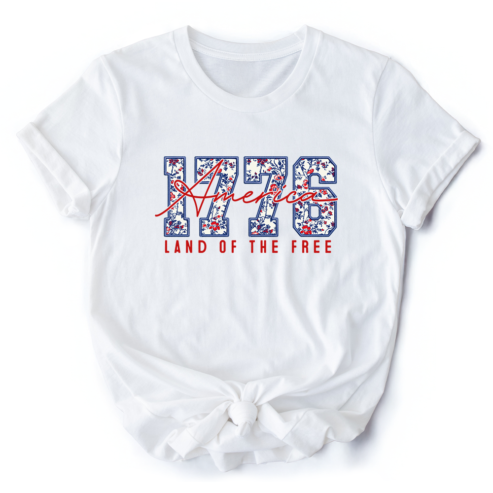 Retro America 1776 Floral T-Shirt, Land of the Free Patriotic Tee