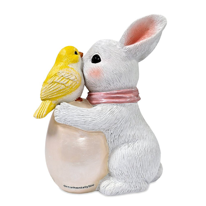 Bunny and Yellow Bird Easter Garden Statue, 7" Spring Rabbit Figurine Outdoor Decor Resin Statues OrnamentallyYou 