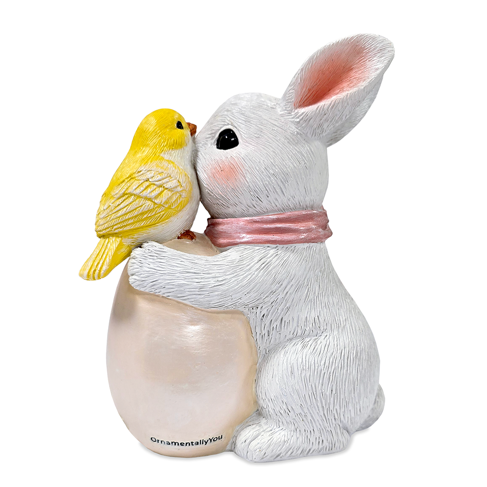 Bunny and Yellow Bird Easter Garden Statue, 7" Spring Rabbit Figurine Outdoor Decor