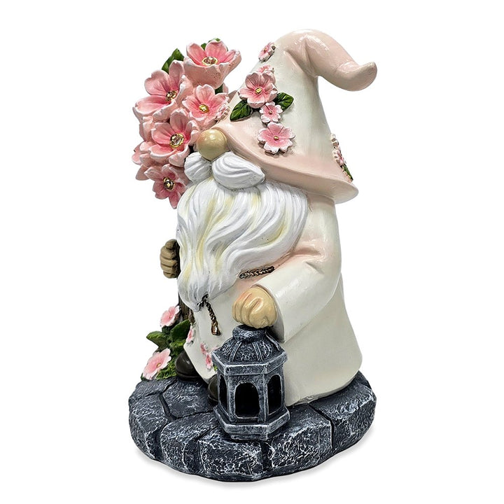 Cherry Blossom Gnome Solar Garden Statue, 8" Figurine and Floral Outdoor Decor Resin Statues OrnamentallyYou 