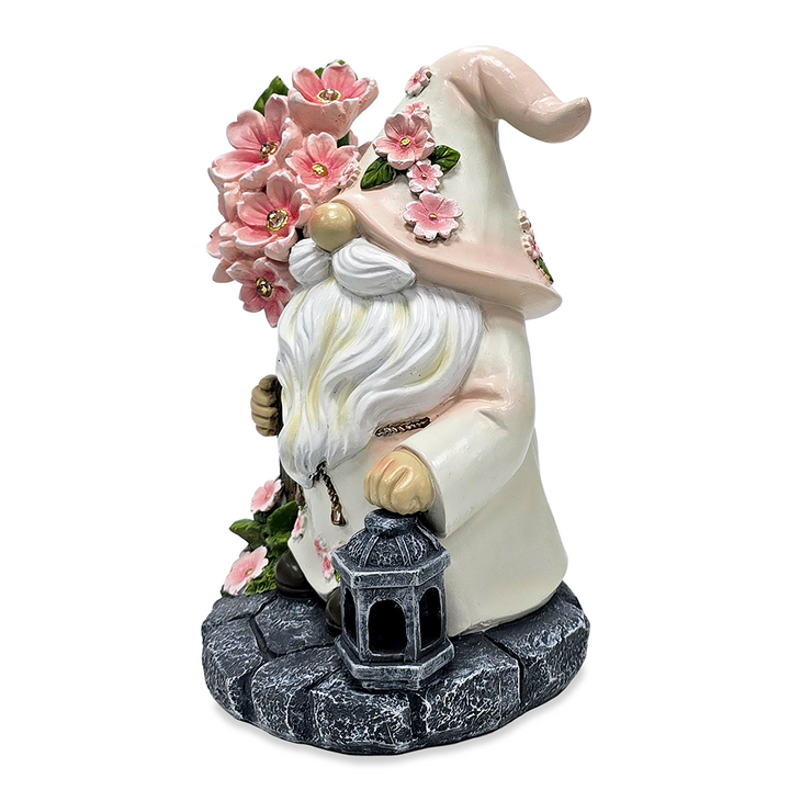 Cherry Blossom Gnome Solar Garden Statue, 8" Figurine and Floral Outdoor Decor