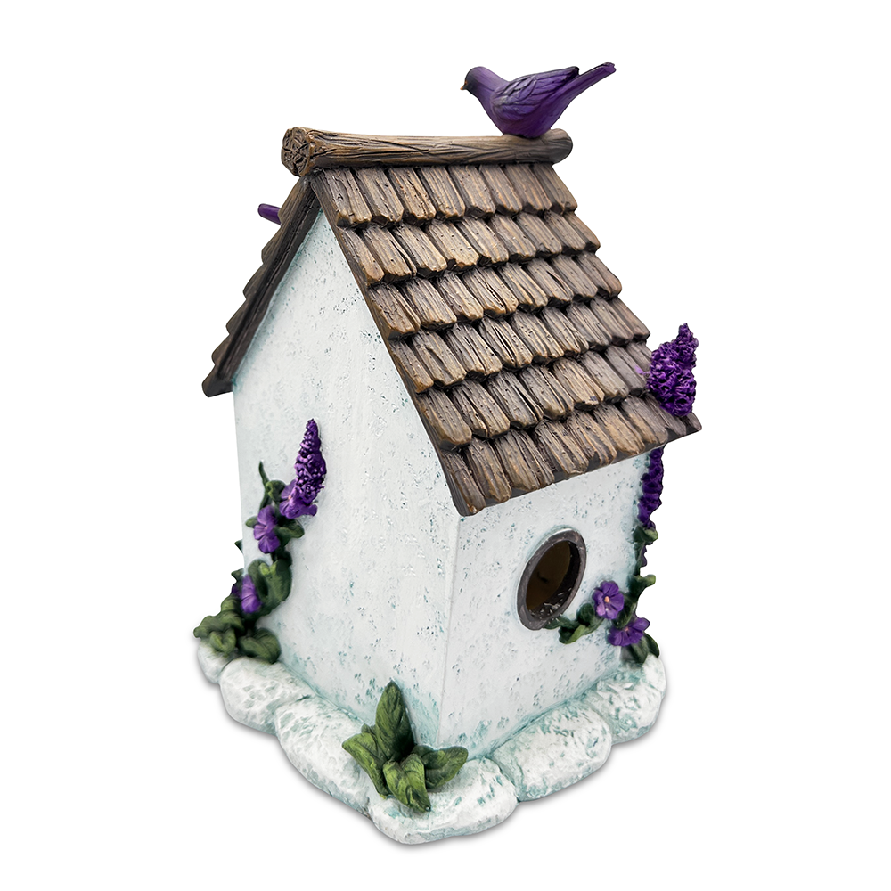 Lovely Floral Lavender Bird House Figurine, 7" Novelty Cottage Garden Decor