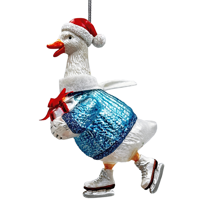 (Pre-Order) Playful Goose in Skates Glass Christmas Ornament, Whimsical Cute Duck Tree Decor