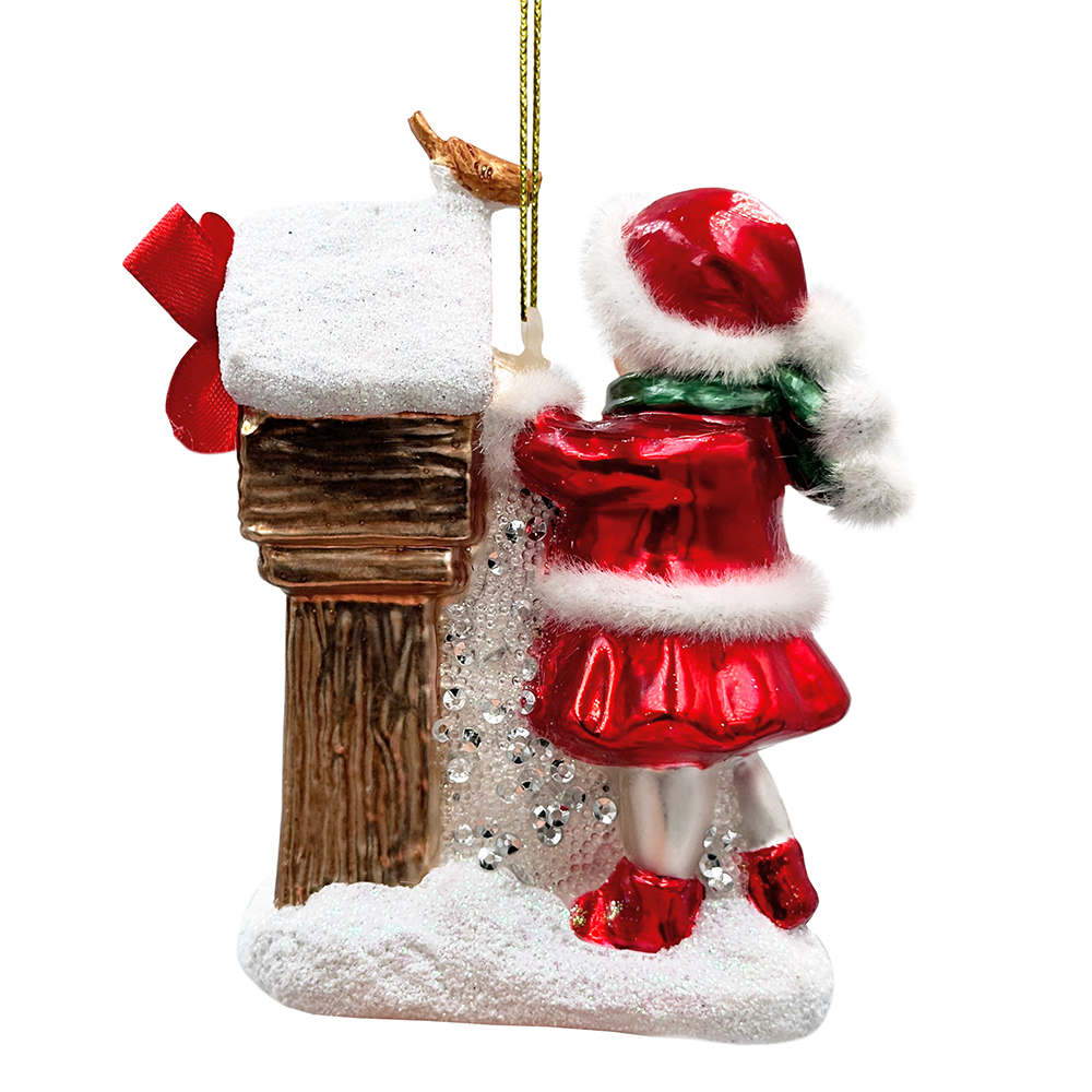 (Pre-Order) Quaint Little Winter Girl Feeding the Birds Glass Christmas Ornament, Cardinal Birdhouse Tree Decor