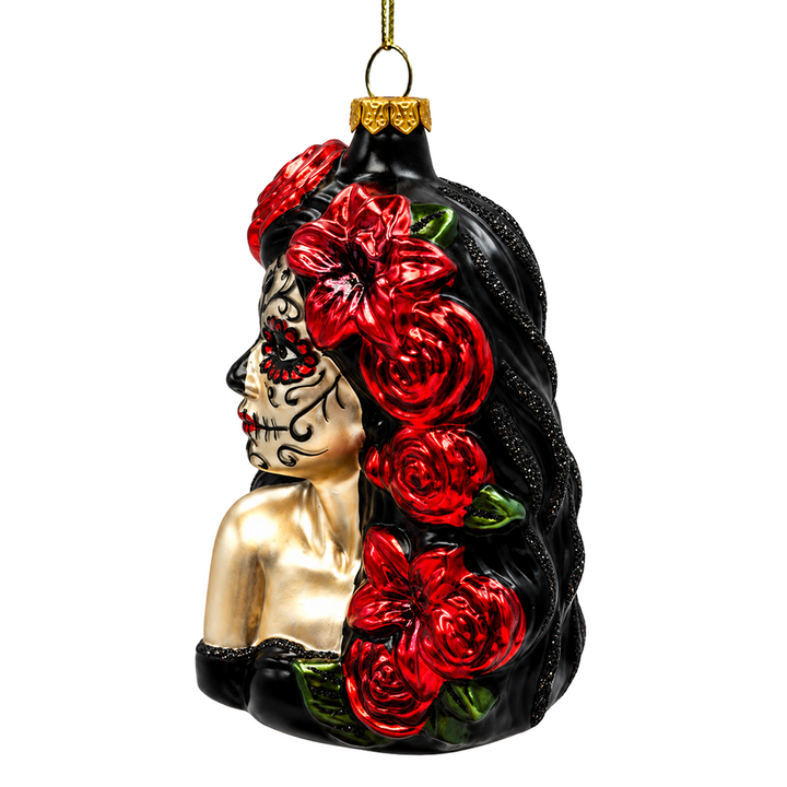 (PRE-ORDER) Sugar Skull Woman with Red Roses Glass Ornament, Day of the Dead Gothic Halloween Decor