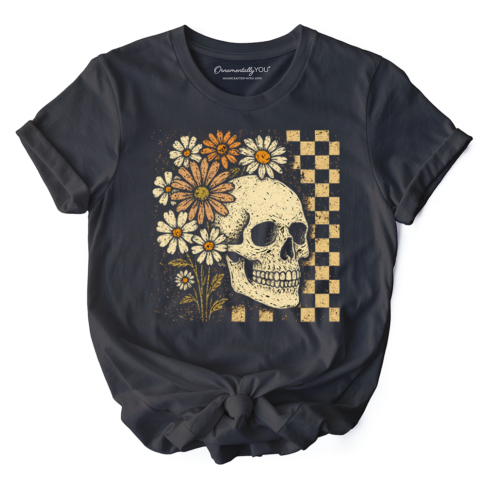 Checkered Floral Skeleton T-Shirt, Vintage Skull Daisy Halloween Tee