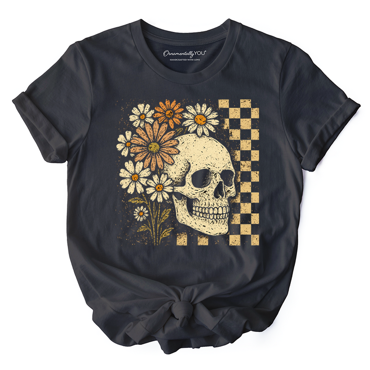 Checkered Floral Skeleton T-Shirt, Vintage Skull Daisy Halloween Tee