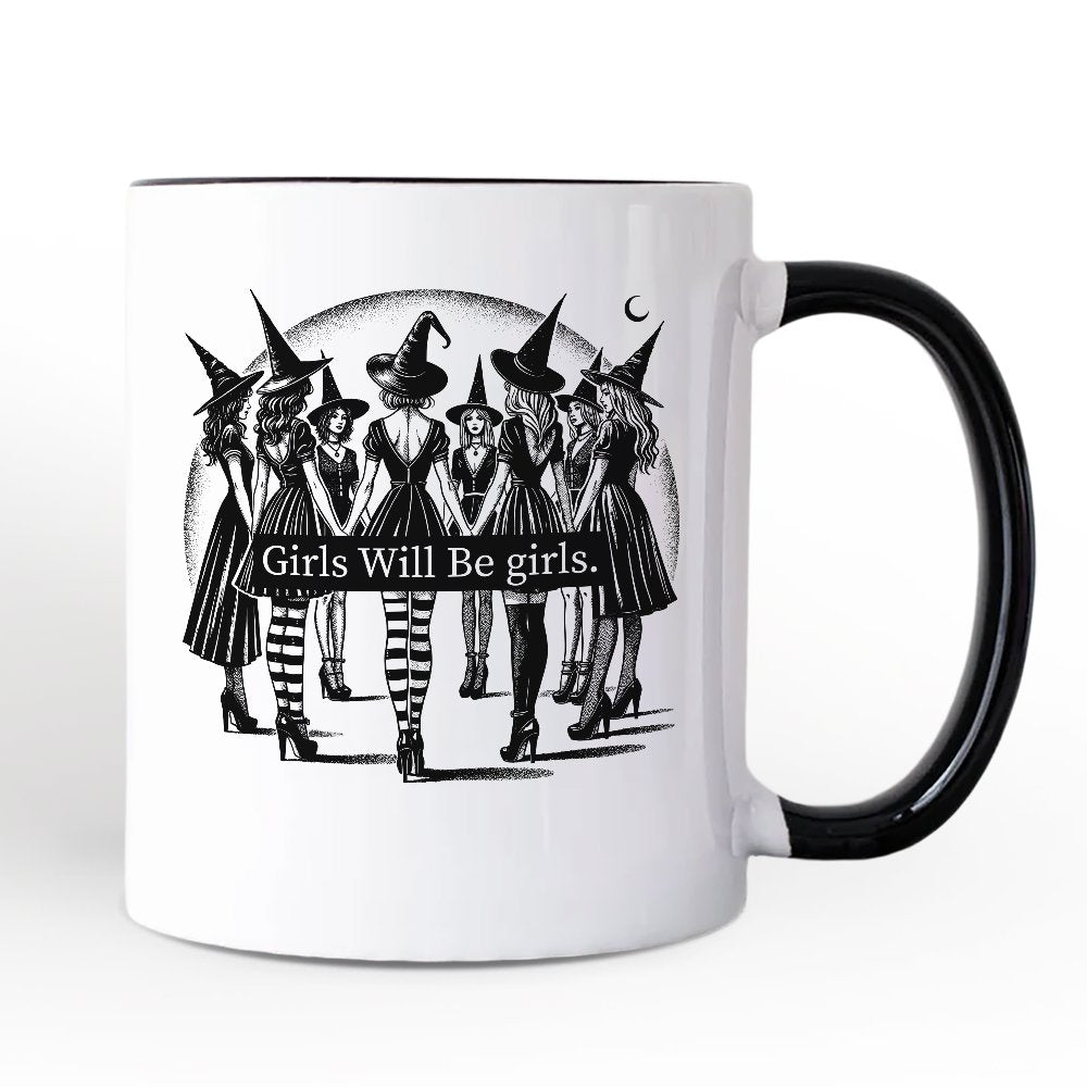 Girls Will Be Girls Personalized Mug, Witchy Halloween Gift with Custom Name for Empowered Women Personalized Ceramic Mug OrnamentallyYou White - Black Non-Custom 