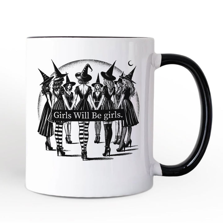 Girls Will Be Girls Personalized Mug, Witchy Halloween Gift with Custom Name for Empowered Women Personalized Ceramic Mug OrnamentallyYou White - Black Non-Custom 