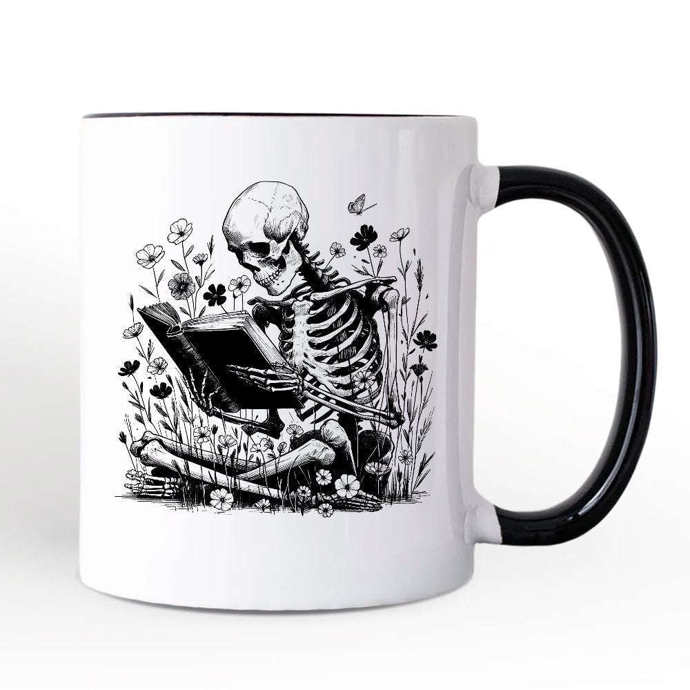 Gothic Reading Skeleton Personalized Mug, Floral Halloween Gift with Custom Name Personalized Ceramic Mug OrnamentallyYou White - Black Non-Custom 