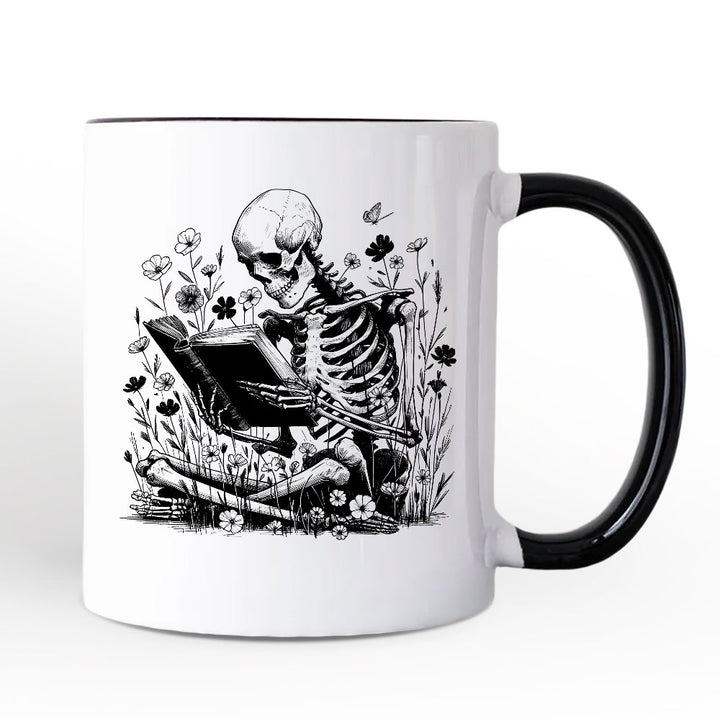 Gothic Reading Skeleton Personalized Mug, Floral Halloween Gift with Custom Name Personalized Ceramic Mug OrnamentallyYou White - Black Non-Custom 