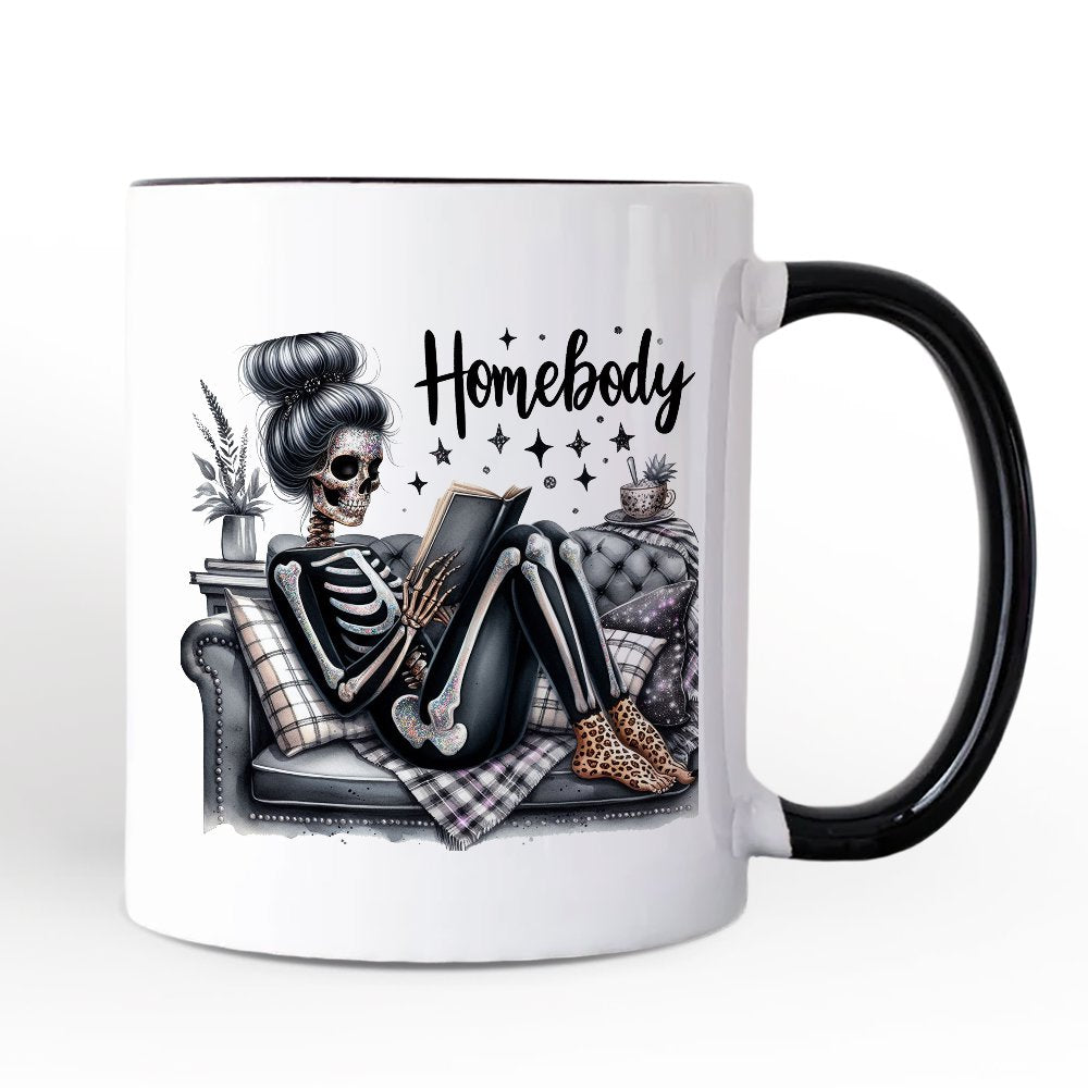 Homebody Reading Skeleton Personalized Mug, Funny Lazy Selfcare Gift with Custom Name Personalized Ceramic Mug OrnamentallyYou White - Black Non-Custom 