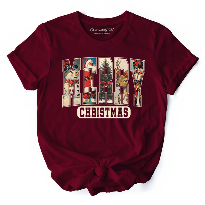Merry Christmas Vintage T‑Shirt, Santa Tree Reindeer Snowman Nutcracker Tee