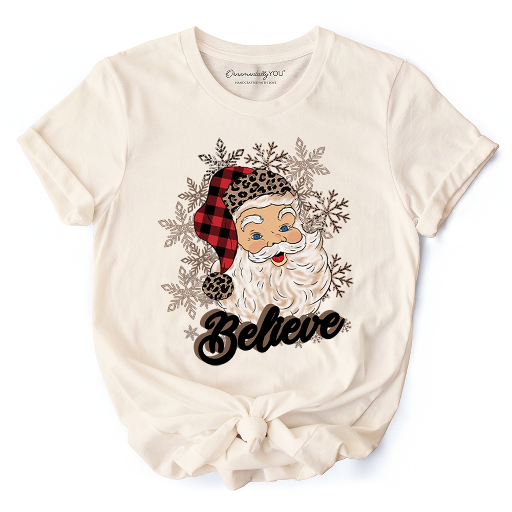 Believe Santa Buffalo Plaid T‑Shirt, Retro Christmas Tee