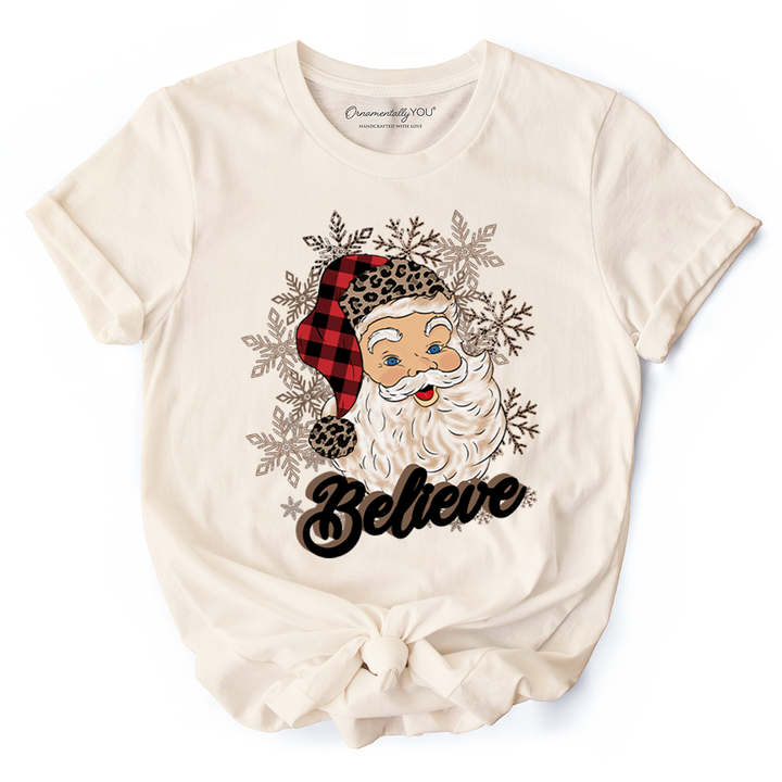 Believe Santa Buffalo Plaid T‑Shirt, Retro Christmas Tee