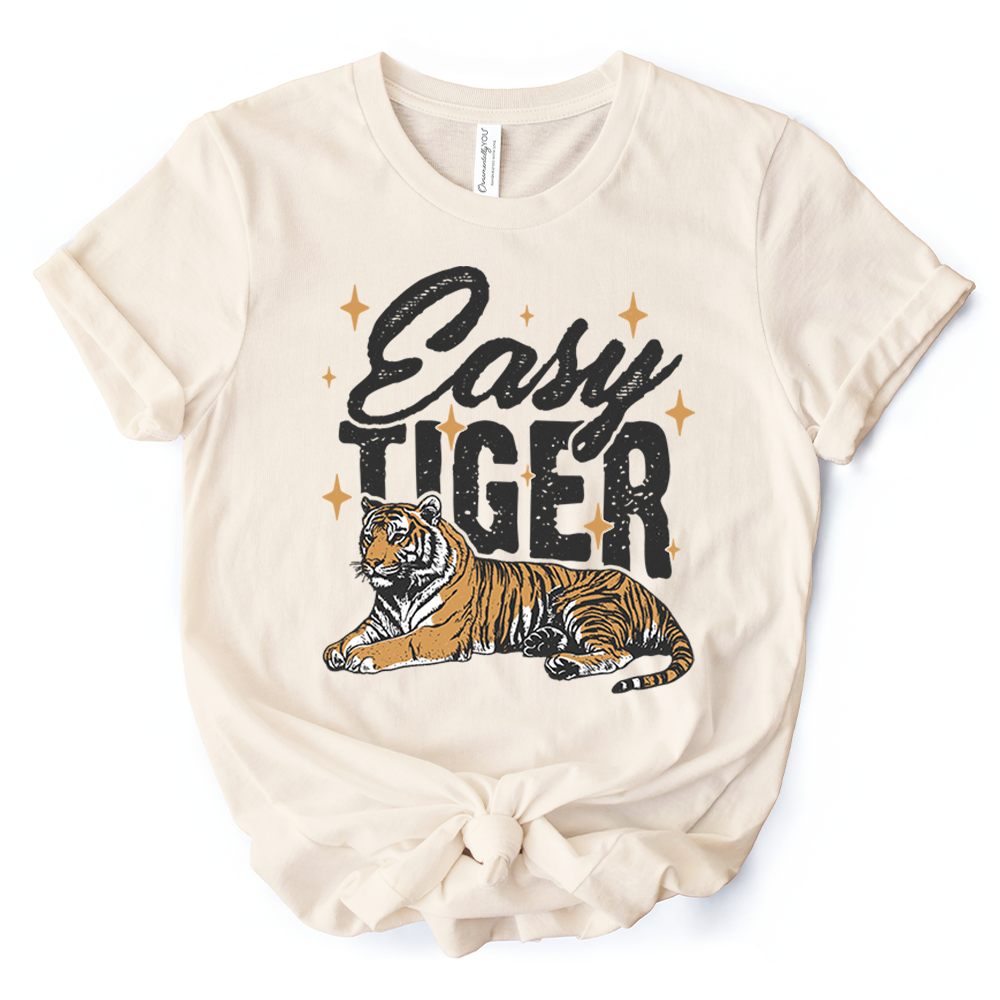 Easy Tiger Retro Grunge T-Shirt, Vintage White and Natural Tee With Wild Animal