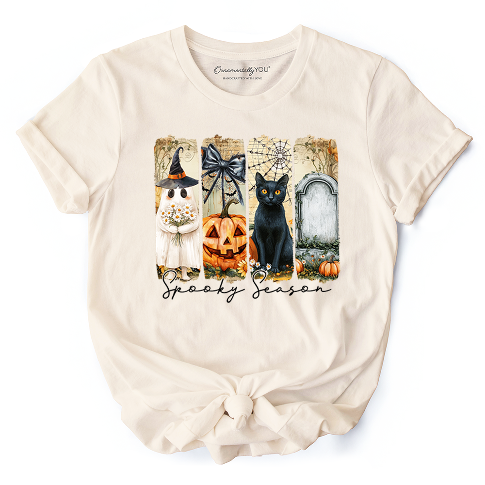 Fall Spooky Season Brushstroke T-Shirt, Coquette Vintage Ghost, Cat and Pumpkin Tee