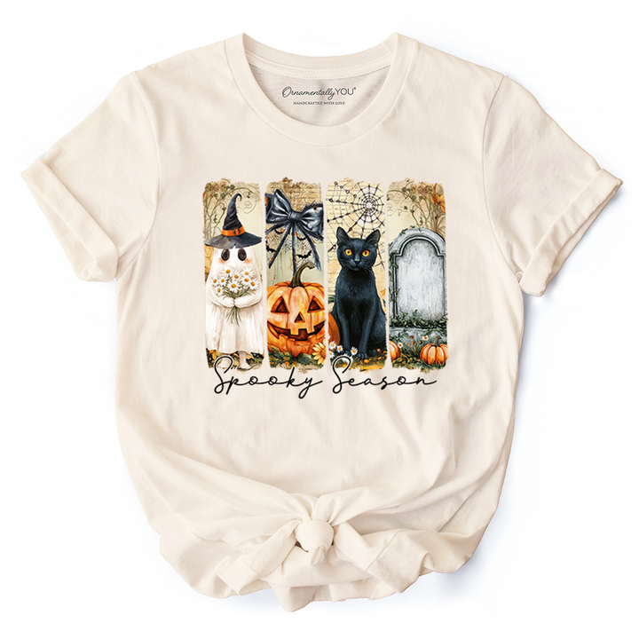 Fall Spooky Season Brushstroke T-Shirt, Coquette Vintage Ghost, Cat and Pumpkin Tee