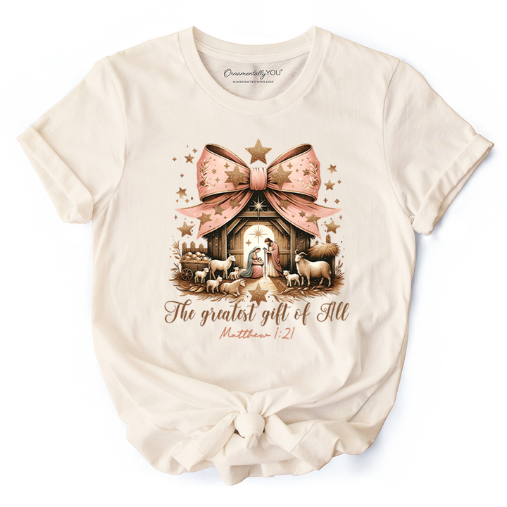 Holy Night Nativity Scene Jesus T-Shirt, The Greatest Gift of All Matthew 1:21 Christian Christmas Tee