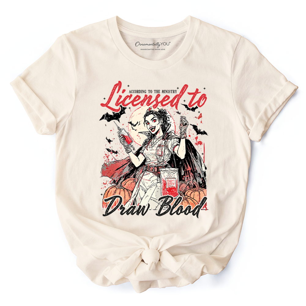 Licensed to Draw Blood Halloween Nurse T-Shirt, Groovy Tee for Spooky Season