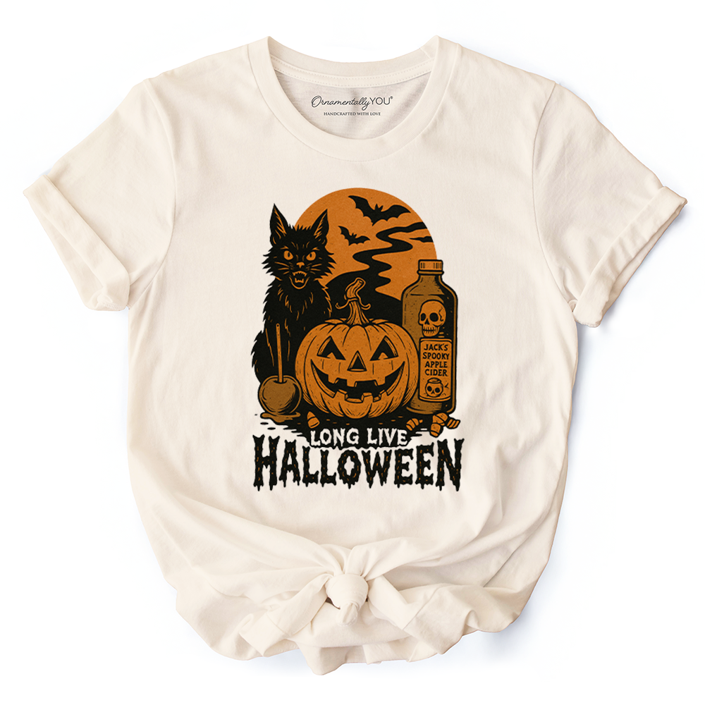 Long Live Halloween T-Shirt, Retro Black Cat Pumpkin Tee for Horror Fans