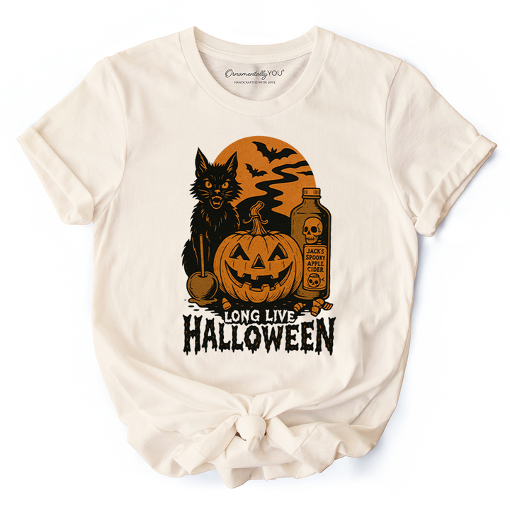Long Live Halloween T-Shirt, Retro Black Cat Pumpkin Tee for Horror Fans
