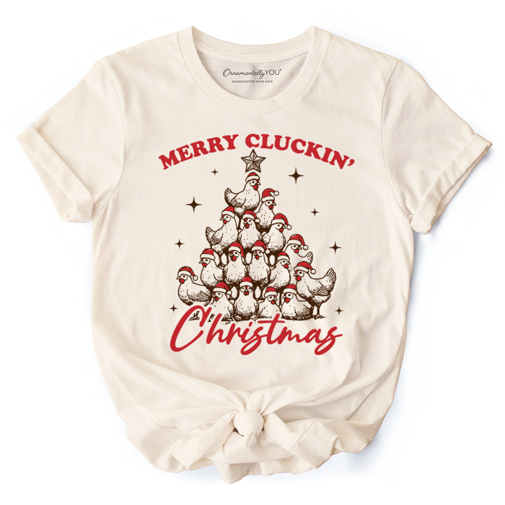 Merry Cluckin' Christmas Tree T‑Shirt, Funny Santa Hat Chicken Farmhouse Tee