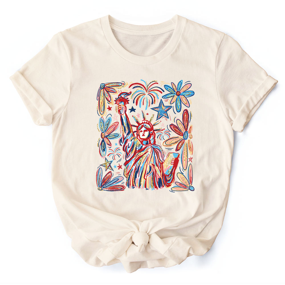 Patriotic Statue of Liberty and Fireworks T-Shirt, Festive 4th of July Tee