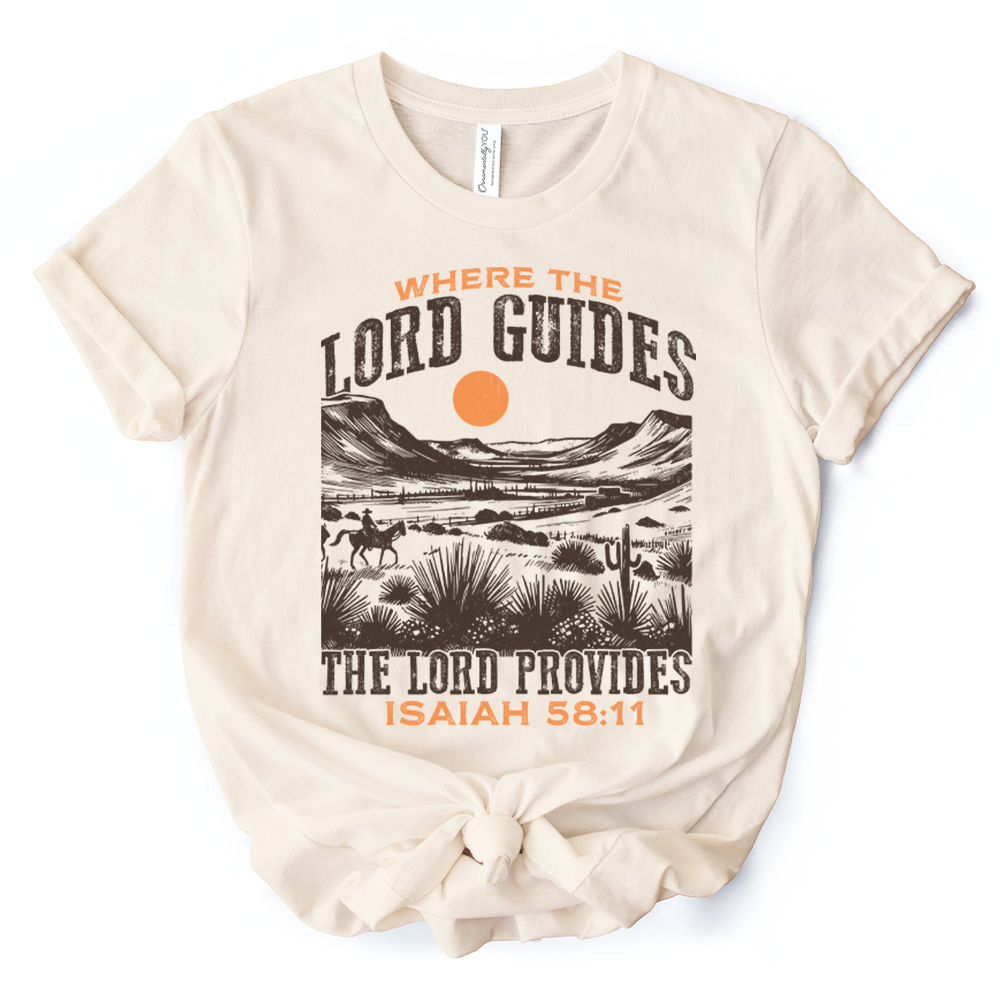 The Lord Provides Christian T-Shirt, Retro Western Desert Worship White and Natural Tee