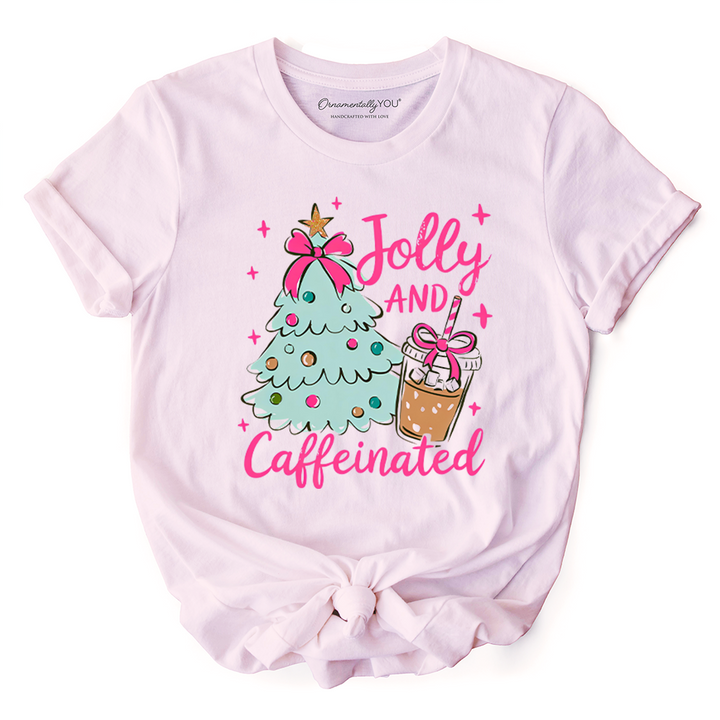 Jolly and Caffeinated Christmas Tree T-Shirt, Retro Coquette Coffee Holiday Tee